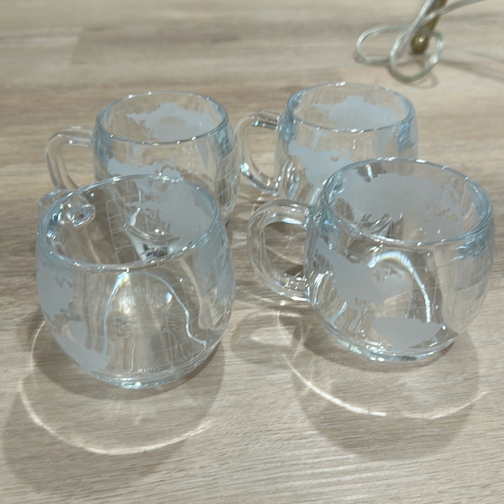 4 Nestle Nescafé Etched Clear Glass Old World Globe Mugs vintage antique